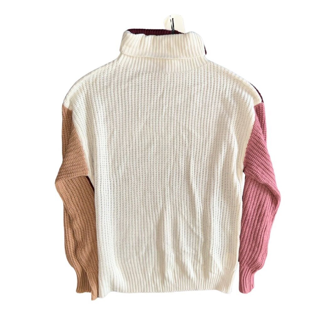 Vine & Love Burgundy Pink Tan Cream Chunky Knit Oversized Sweater Turtleneck - Picture 2 of 7